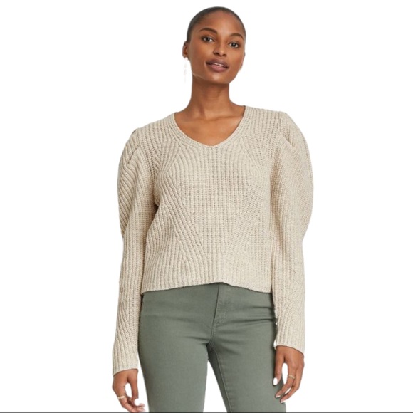 Womens Vneck Puff Shoulder Pullover 